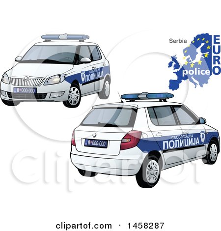 Clipart of a Serbian Police Car with a Map and Euro Police Text - Royalty Free Vector Illustration by dero