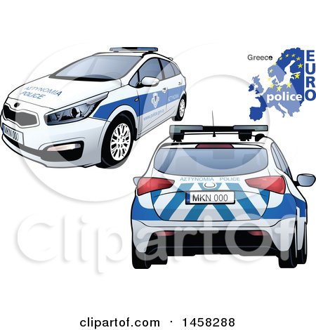 Clipart of a Greek Police Car with a Map and Euro Police Text - Royalty Free Vector Illustration by dero