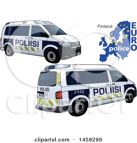Clipart of a Finnish Police Car with a Map and Euro Police Text - Royalty Free Vector Illustration by dero