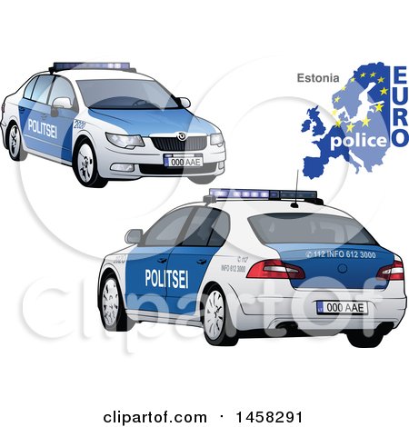 Clipart of an Estonian Police Car with a Map and Euro Police Text - Royalty Free Vector Illustration by dero