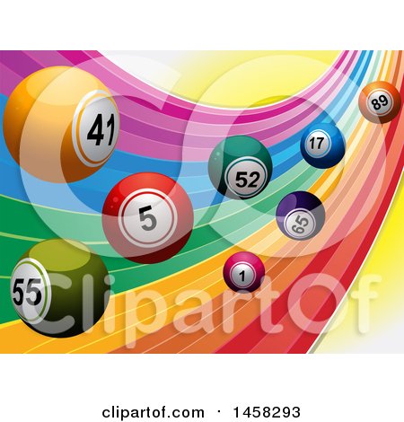 Clipart of a Rainbow Swoosh with 3d Bingo or Lottery Balls and Sunshine - Royalty Free Vector Illustration by elaineitalia