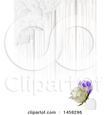 Clipart of a Corner of White Hearts over Gray Stripes and a 3d Rose and Tulip - Royalty Free Vector Illustration by elaineitalia