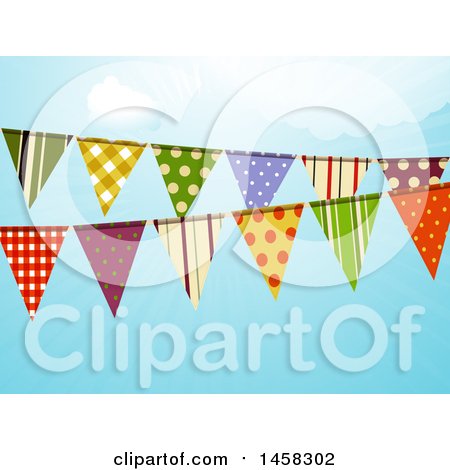 Clipart of a Patterned Bunting Banner over Blue Sky - Royalty Free Vector Illustration by elaineitalia