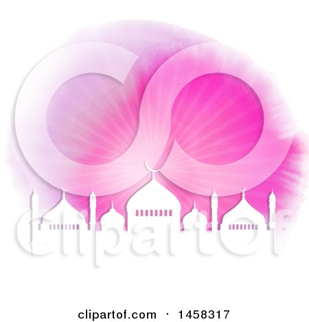 Clipart of a Silhouetted White Mosque with Pink Rays on White - Royalty Free Vector Illustration by KJ Pargeter