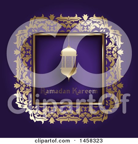 Clipart of a Lantern with Ramadan Kareem Text in a Gold Frame on Purple - Royalty Free Vector Illustration by KJ Pargeter