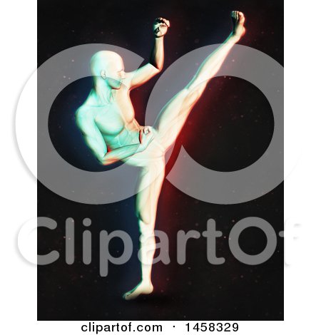 Clipart of a 3d Medical Male Figure Kickboxing, with Dual Color Effect over Black - Royalty Free Illustration by KJ Pargeter