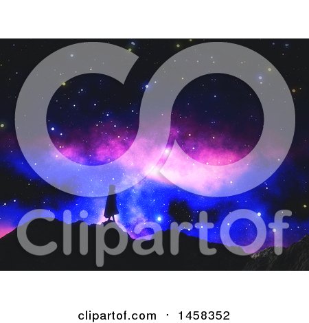 Clipart of a 3d Silhoeutted Woman Wearing a Clock on Top of Hills Against a Colorful Night Sky - Royalty Free Illustration by KJ Pargeter