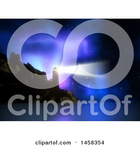 Clipart of a 3d Lighthouse with a Shining Beacon Against a Colorful Nebula Sky - Royalty Free Illustration by KJ Pargeter