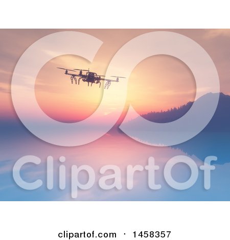 Clipart of a 3d Drone over a Still Bay at Sunrise - Royalty Free Illustration by KJ Pargeter