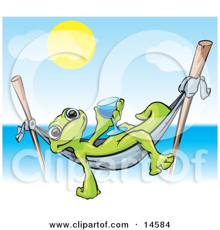 Green Gecko Relaxing In A Hammock Suspended On Two Sticks And Holding A Blue Alcoholic Beverage In A Glass While On Vacation In Hawaii On A Hot Sunny Day Clipart Illustration by Leo Blanchette
