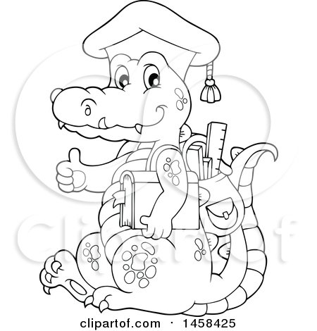 Clipart of a Black and White Crocodile Student Wearing a Graduation Cap and Giving a Thumb up - Royalty Free Vector Illustration by visekart