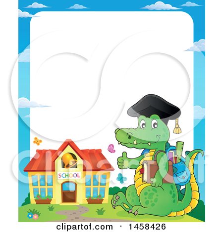 Clipart of a Border of a Crocodile Student Giving a Thumb up near a Building - Royalty Free Vector Illustration by visekart