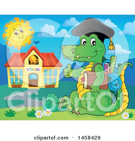 Clipart of a Crocodile Student Giving a Thumb up by a School Building - Royalty Free Vector Illustration by visekart
