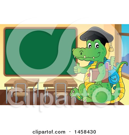 Clipart of a Crocodile Student Giving a Thumb up in a Class Room - Royalty Free Vector Illustration by visekart