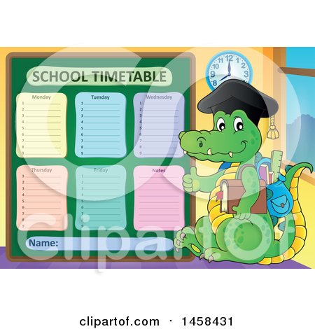Clipart of a Crocodile Student Giving a Thumb up by a School Time Table - Royalty Free Vector Illustration by visekart