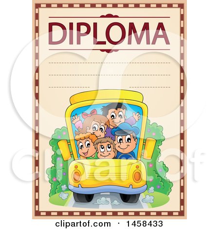 Clipart of a School Diploma Design with a Bus of Kids - Royalty Free Vector Illustration by visekart