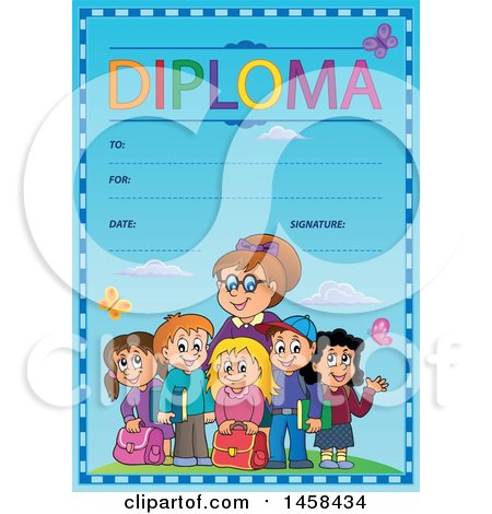 Clipart of a School Diploma Design with Children and a Teacher - Royalty Free Vector Illustration by visekart