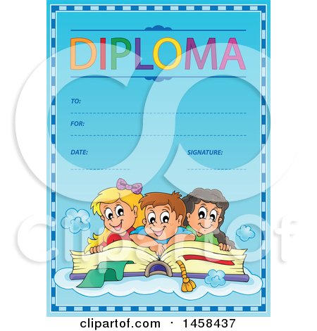 Clipart of a School Diploma Design with Children on an Open Book - Royalty Free Vector Illustration by visekart