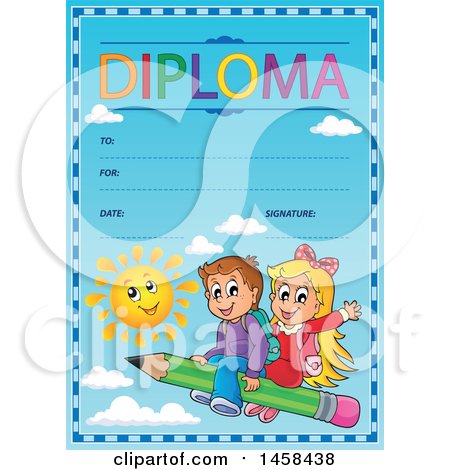 Clipart of a School Diploma Design with Children Flying on a Pencil - Royalty Free Vector Illustration by visekart