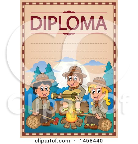 Clipart of a School Diploma Design Withs Camping Scout Children - Royalty Free Vector Illustration by visekart
