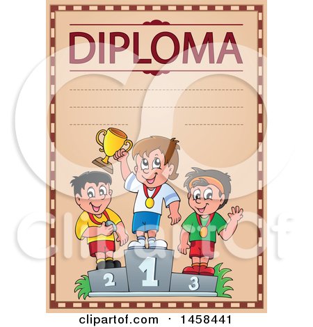 Clipart of a School Diploma Design with Boys on Placement Podiums - Royalty Free Vector Illustration by visekart