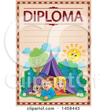 Clipart of a School Diploma Design with Camping Children - Royalty Free Vector Illustration by visekart