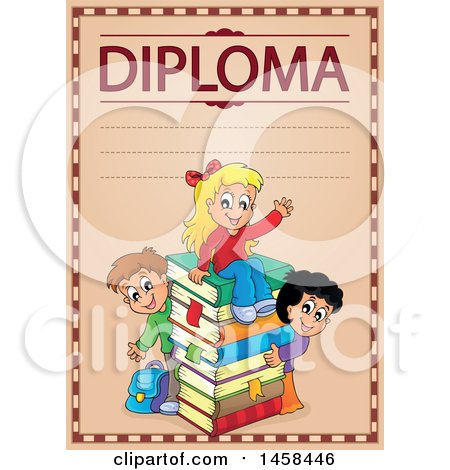 Clipart of a School Diploma Design with Children and a Stack of Books - Royalty Free Vector Illustration by visekart