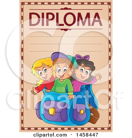 Clipart of a School Diploma Design with Children in a Backpack - Royalty Free Vector Illustration by visekart