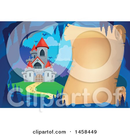 Clipart of a Parchment Scroll in a Cave near a Castle - Royalty Free Vector Illustration by visekart