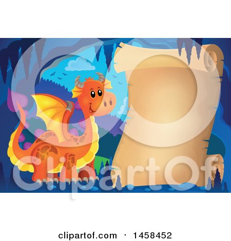 Clipart of a Parchment Scroll in a Dragon Cave - Royalty Free Vector Illustration by visekart