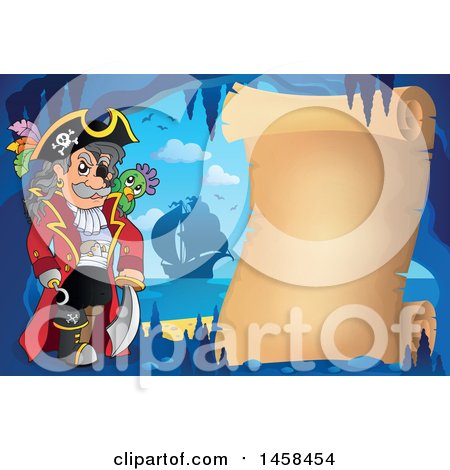 Clipart of a Pirate Captain by a Parchment Scroll in a Cave - Royalty Free Vector Illustration by visekart