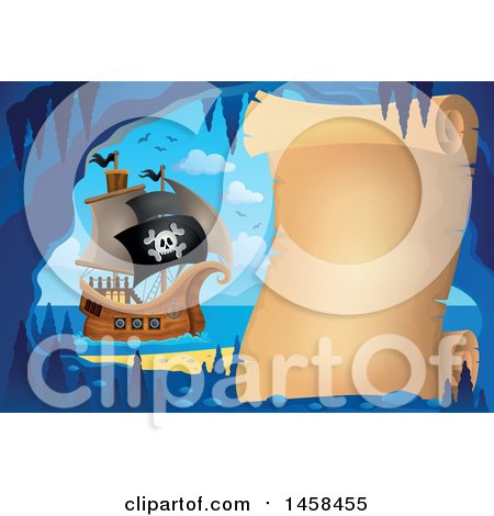 Clipart of a Parchment Scroll in a Cave near a Pirate Ship - Royalty Free Vector Illustration by visekart