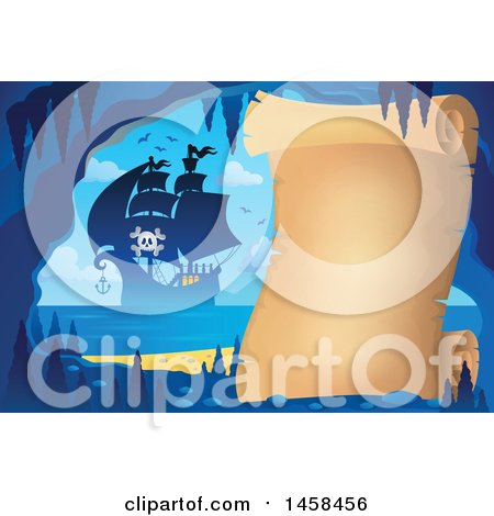 Clipart of a Parchment Scroll in a Cave near a Pirate Ship - Royalty Free Vector Illustration by visekart