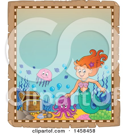 Clipart of a Parchment Border with a Mermaid and a Treasure Chest - Royalty Free Vector Illustration by visekart