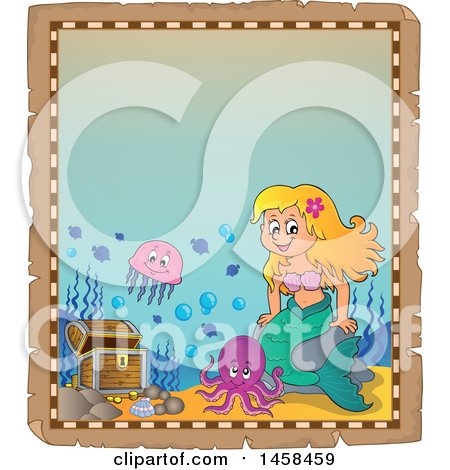 Clipart of a Parchment Border with a Mermaid and a Treasure Chest - Royalty Free Vector Illustration by visekart