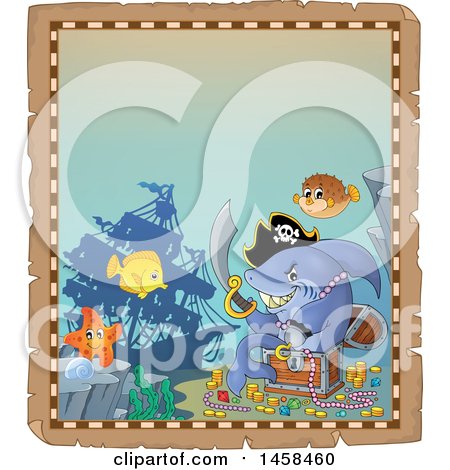 Clipart of a Parchment Border with a Pirate Shark and a Treasure Chest - Royalty Free Vector Illustration by visekart