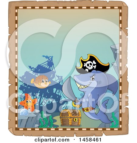 Clipart of a Parchment Border with a Pirate Shark and a Treasure Chest - Royalty Free Vector Illustration by visekart