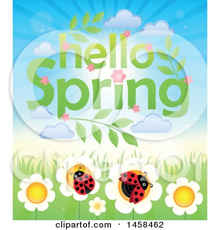 Clipart of a Hellow Spring Sky over Ladybugs on Flowers - Royalty Free Vector Illustration by visekart
