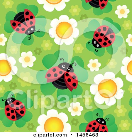 Clipart of a Seamless Background of Ladybugs on Flowers Against Green - Royalty Free Vector Illustration by visekart