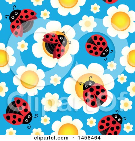 Clipart of a Seamless Background of Ladybugs on Flowers Against Blue - Royalty Free Vector Illustration by visekart