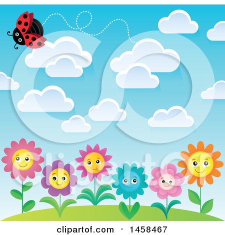 Clipart of a Ladybug Flying Above Happy Flowers - Royalty Free Vector Illustration by visekart