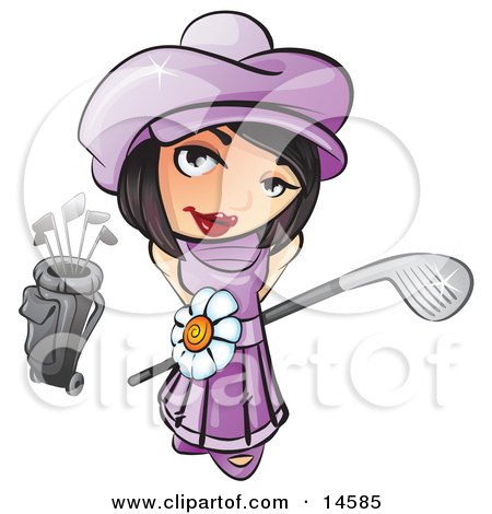 Sweet and Cute Short Haired Brunette Girl in a Purple Hat and Dress With a White Daisy Belt, Looking up and Holding a Golf Club Clipart Illustration by Leo Blanchette