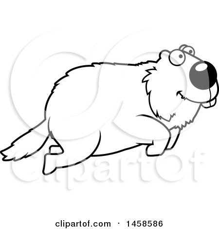 Clipart of a Black and White Happy Woodchuck Groundhog Whistlepig Jumping - Royalty Free Vector Illustration by Cory Thoman