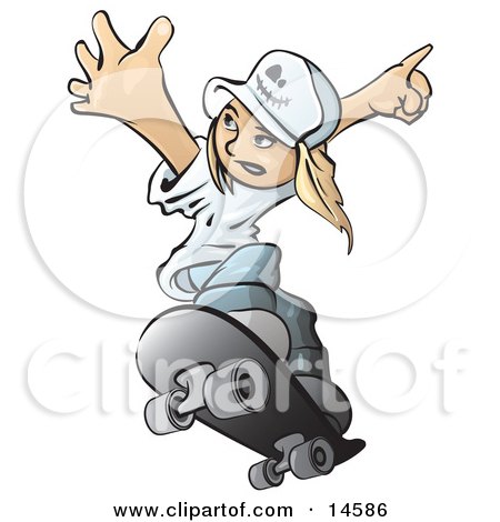 Blond Skater Boy In A White T Shirt, Blue Jeans And A Baseball Cap, Holding His Arms Up While Catching Air And Skateboarding Clipart Illustration by Leo Blanchette