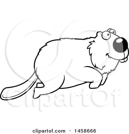 Clipart of a Lineart Happy Beaver Jumping - Royalty Free Vector Illustration by Cory Thoman