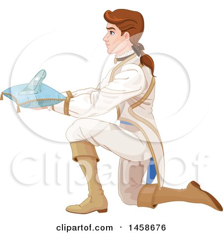 Clipart of a Kneeling Prince Holding Cinderellas Glass Slipper on a Pillow - Royalty Free Vector Illustration by Pushkin