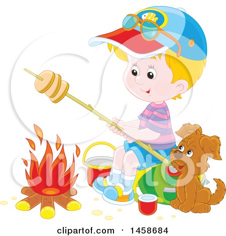 Clipart of a Happy Blond Caucasian Boy and Puppy Roasting Bread by a Camp Fire - Royalty Free Vector Illustration by Alex Bannykh