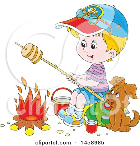 Clipart of a Cartoon Happy Blond White Boy and Puppy Roasting Bread by a Camp Fire - Royalty Free Vector Illustration by Alex Bannykh