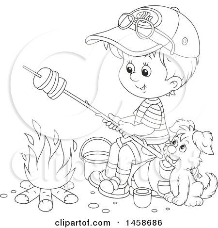 Clipart of a Black and White Boy and Puppy Roasting Bread by a Camp Fire - Royalty Free Vector Illustration by Alex Bannykh