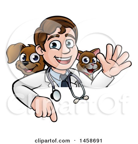 Clipart of a Cartoon Friendly Male Veterinarian Waving and Pointing down over a Sign with a Cat and Dog Behind Him - Royalty Free Vector Illustration by AtStockIllustration